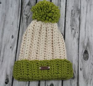 The Mimi Beanie in Ivory with Cilantro accents