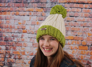 The Mimi Beanie in Ivory with Cilantro accents