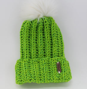The Mimi Beanie in LightGreen with White Faux Fur Pom