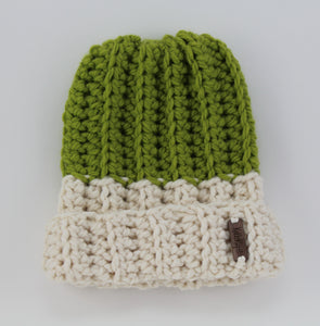 The two-toned Mimi Beanie in Cilantro and Ivory.